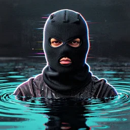 creature of the black lagoon wearing a balaclava mask, analog glitch art, screen print, detailed, 1 6 k