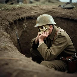 tilt shift wwi skull pondering over a dug out trench, dramatic light, zdzidaw, ultrafine, hyperrealistic, vintage, retro, 3 5 mm film still, movie