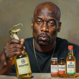 beautiful lifelike painting of big daddy kane selling snake oil products, hyperreal detailed facial features and uv lighting, art by ed roth and basil wolverton