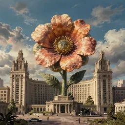 giant grotesque flower proletariat statue in the middle of abandoned early soviet constructivist cityscape, Stalinist architecture, ultradetailed by Hayao Miyazaki and Josan Gonzalez and Makoto Shinkai and Giuseppe Arcimboldo and Wes Anderson