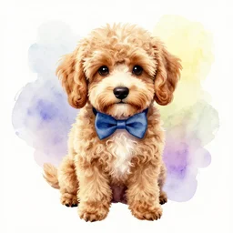 cavoodle puppy wearing a bow tie, vibrant watercolor portrait