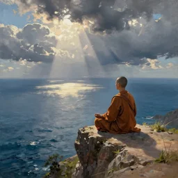 a thin monk sits alone on the cliff ledge in the lotus position looking out onto a vast ocean, by thomas kinkade, wide angle, cinematic lighting, detailed oil painting