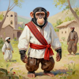 beautiful painting by sophie anderson of a chimpanzee wearing traditional men kurdish clothes shalvar baggy pants and white shirt with a large sash tied around the waist in a kurdish village, award winning art, insanely detailed, bright colors, global illumination, cute, young, stunning