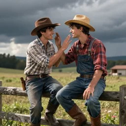 a candid photo of very handsome young farm hand, sitting on a fence confessing his love to his best friend