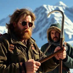 1 9 9 0 s john goodman from the big lebowski is finding a stranger in the alps, and is holding a crowbar.