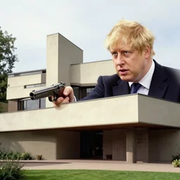 boris johnson holding a gun, in a home be frank lloyd wright
