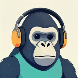 a closeup of a gorilla face with headphones in retro colors, synthwave style, 2d digital vector art