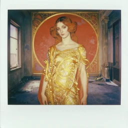 an elegant girl in a liminal abandoned room, red and gold, old polaroid by botticelli, by moebius, digital painting, jugendstil, art noveau, strong lights, flat colors, pastel colors,