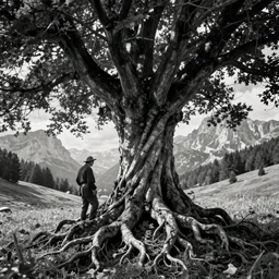 photography of alpine farmer overgrown by big alpine tree, centered, roots growing from body, dolomites, eerie, despair, vintage black and white photography, artstation, digital art, adward _ winning
