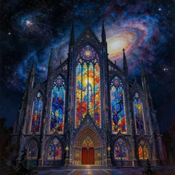 galaxy stained glass cathedral, facing the darkness galactic nebular astral realm sacred journey in oil painting, trending on artstation, award winning, emotional, highly detailed surrealist art