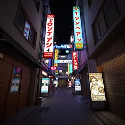 three point perspective close wide angle shot of a matte painting environment design of Tokyo alley with neon lights and advertisements, artstation, ultra realistic, volumetric lighting, 4k, unreal engine, octane render, art by Artgerm and Greg Rutkowski and Alphonse Mucha
