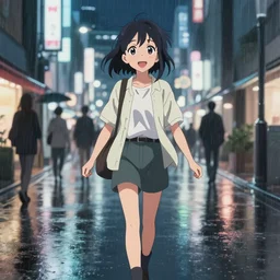 beautiful smiling anime girl walking in rainy osaka city center at night, anime key visual, digital art, anime screenshot, kyoto animation, makoto shinkai, trending on artstation