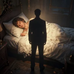 a shadow figure standing in front of the bed while a person sleeps in it, volumetric lighting, 8 k octane beautifully detailed render, post - processing, extremely hyper - detailed, intricate, epic composition, cinematic lighting, masterpiece, trending on artstation, detailed detailed detailed, masterpiece, stunning art by anders zorn, wonderful masterpiece by greg rutkowski, beautiful cinematic light,