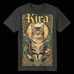 art nouveau concert T-shirt design for heavy metal band “Kira” featuring tabby cat “Kira”, masterpiece, trending on artstation