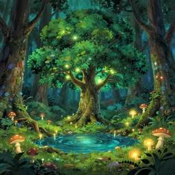 enchanted forest, single tree in the middle with a glow, surrounded by a smal pond, mushrooms scattered around with a light glow, epic fantasy, digital art, highly saturated colors, concept art, detailed illustration, hd, 4 k, digital art, greg rutkowski, dan mumford, studio ghibli trending on artstation
