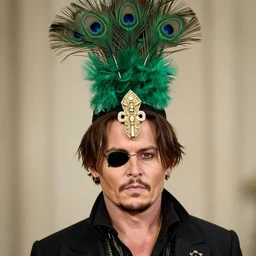 johnny depp wearing a single monocle and a fancy tall green peacock feather headdress