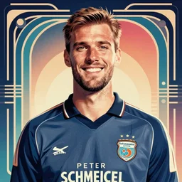 smiling, happy, beautiful, intelligent, powerful peter schmeichel, loving eyes, fully clothed, wise, beautiful, dramatic lighting, sharp focus, art deco patterns by stanley artgerm, retro futurism, dramatic lighting, trending on artstation, flat colour, geometric curves, gradient filter