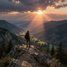 a wanderer looking down from the peak of a mountain, distant valley, trees, sunset, sunrays, dramatic light, oil painting, by caspar david friedrich