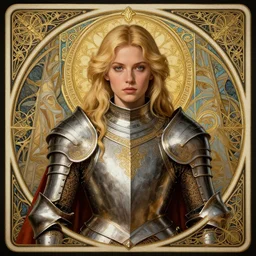 head-on symmetrical centered painted portrait, Elisha Cuthbert as a paladin, blonde hair, ornate heavy plate armour, art nouveau, tarot card style, medieval robes, fantasy, intricate, elegant, highly detailed, smooth, sharp focus, illustration, artstation, in the style of Ross Tran and by Jesper Ejsing and by Mikalojus Konstantinas Ciurlionis