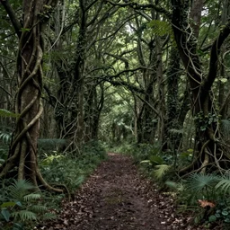 A sparse forest, path leading to far away, overgrown with thick and rich vines, digital art, trending on Artstation, matte painting, detailed, HD, 4k