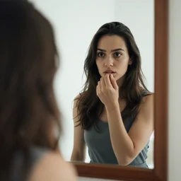 a cinematicp photo, a woman in the mirror, ultra realistic, canon, 3 5 mm,, coherent, f 1 4