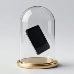 clear glass dome on a golden base with a black smart tablet floating inside. the screen of the tablet is letting out a yellow light. volumetric lighting, accurate reflections, black background