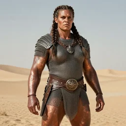 portrait, a huge barbarian woman with braided hair wearing iron chainmail, copper skin, standing bold and proud, highly detailed, sharp focus, in the desert, full rendered, trending on artstation by donato giancola