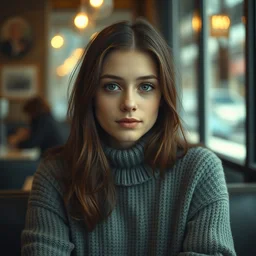 a photograph of a nerdy young woman wearing a sweater, sitting in a cozy cafe, dof, sharp focus, highly detailed face, symmetric face, realistic iris, cinestill 8 0 0 t, photography by paolo roversi