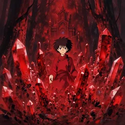 a film still of a forest of red crystals, finely detailed features, perfect art, at an ancient city, gapmoe yandere grimdark, trending on pixiv fanbox, painted by greg rutkowski makoto shinkai takashi takeuchi studio ghibli, akihiko yoshida