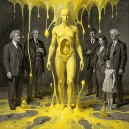 human mitosis by gerald brom and gil elvgren and norman rockwell and michal karcz and magali villeneuve and greg rutkowski, chiaroscuro!!, solarpunk!, opaque yellow liquid, floating, tendrils, ooze, hyperrealism, surrealism