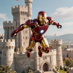 Iron man flying above a large castle, Cinematic shot
