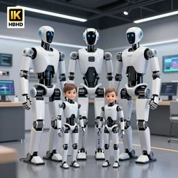 family in humanoid robot store, unreal engine 5, ray tracing, 8 k, uhd