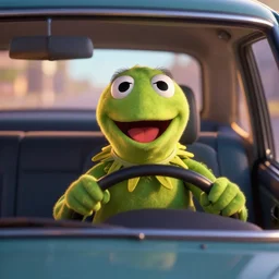 kermit driving a car, wlop, cinematic lighting, hyperdetailed, 8 k realistic, symmetrical, global illumination, radiant light,, frostbite 3 engine, cryengine, dof, trending on artstation, digital art, chanel