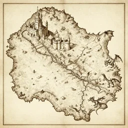 ancient map of fantasy land with a castle and dragons, sepia