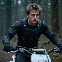 cinestill 5 0 d candid photographic portrait by steven spielberg of a mixed teen wearing rugged black mesh techwear on a dirtbike through a dark forest, extreme closeup, modern cyberpunk moody emotional cinematic, snow storm, 8 k, hd, high resolution, 3 5 mm, f / 3 2, ultra realistic faces, ex machina