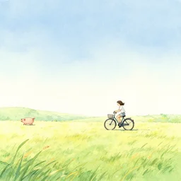 landscape, a girl on a bicycle, pigs, gentle gradients, bright pastel watercolour and pen, by shomei yoh