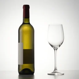 ultra wine bottle and glass, low angle view, backlighting, product photography, menu image