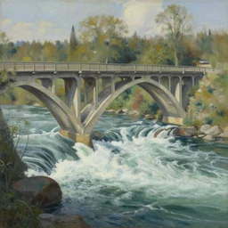 Flying buttresses over river rapids, painting by Ruxing Gao, trending on artstation
