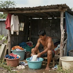 a concept art illustration, filipino man sitting washing clothes on a pail, inside a makeshift shack, slums, hyper realistic, photorealistic, art by wlop, trending on artstation, cgsociety, ultra sharp, digital painting