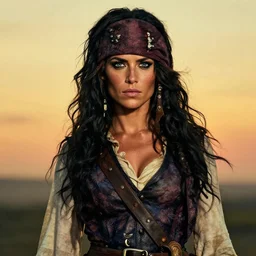 an award winning outdoors portrait photo of tanned caterina murino as a 1 7 0 0 s dirty caribbean olive tanned pirate with black silk hair, slightly big nose defined jaw, very beautiful, smug face, blue eyes, wearing a vest and short coat, sunset, movie color graded