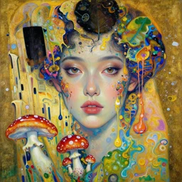 close - up portrait of beautiful girl by irakli nadar with intricate detailed color smashing fluid oil paint and acrylic, color leaves, melting wax, fly agaric, abstract impressionism, ruan jia, fantasy, hyper detailed, concept art, by peter mohrbacher and gustav klimt,