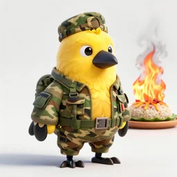 Big bird wearing camo fatigues. In the background is  a vietnamese rice patty on fire.