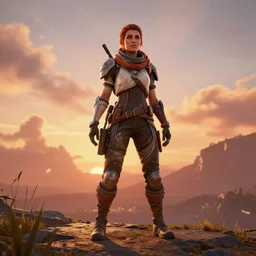 a full body photo of aloy from horizon new dawn, high definition, sunset