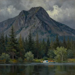 realistic beautiful dark mountain covered in grey smoke with evergreen trees and a lake with boats in the foreground, hyperrealistic, high detail, oil painting, by van gogh, 8 k,