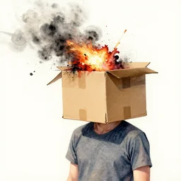 guy with a cardboard box cardboard box head exploding, ink and watercolor illustration masterpiece, perfectly realistic yet surreal, by ryan ottley