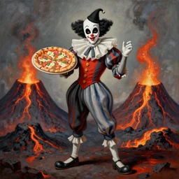 a highly detailed pulcinella with a pizza margherita, black eye mask, full body, detailed painting by arturo faldi, volcano and lava, trending on deviantart, octane, masterpiece, masqua