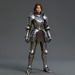 full body portrait of a proud female fantasy knight in heavy armour by Lorenzo Nuti and Craig Mullins, medium lenght hair, green eyes, earrings, highly detailed, trending on artstation, 4k, octane render, unreal engine,