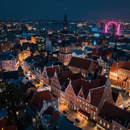 panoramic view on the old town of riga in year 2 1 0 0, cyberpunk, futuristic, neon