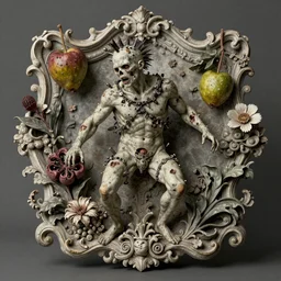 zombie, punk, male, fruit and flowers, botanical, vanitas, sculptural, baroque, rococo, intricate detail, spiral, ornamental, decomposing