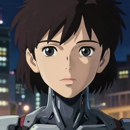 a anime portrait of a cyborg woman, finely detailed features, closeup at the face, sharp focus, aesthetically pleasing art, night time city background, cinematic lighting, highly detailed, intricate, smooth, anime!! artstation, trending on pixiv fanbox, painted by greg rutkowski and studio ghibli and yoji shinkawa and hayao miyazaki,